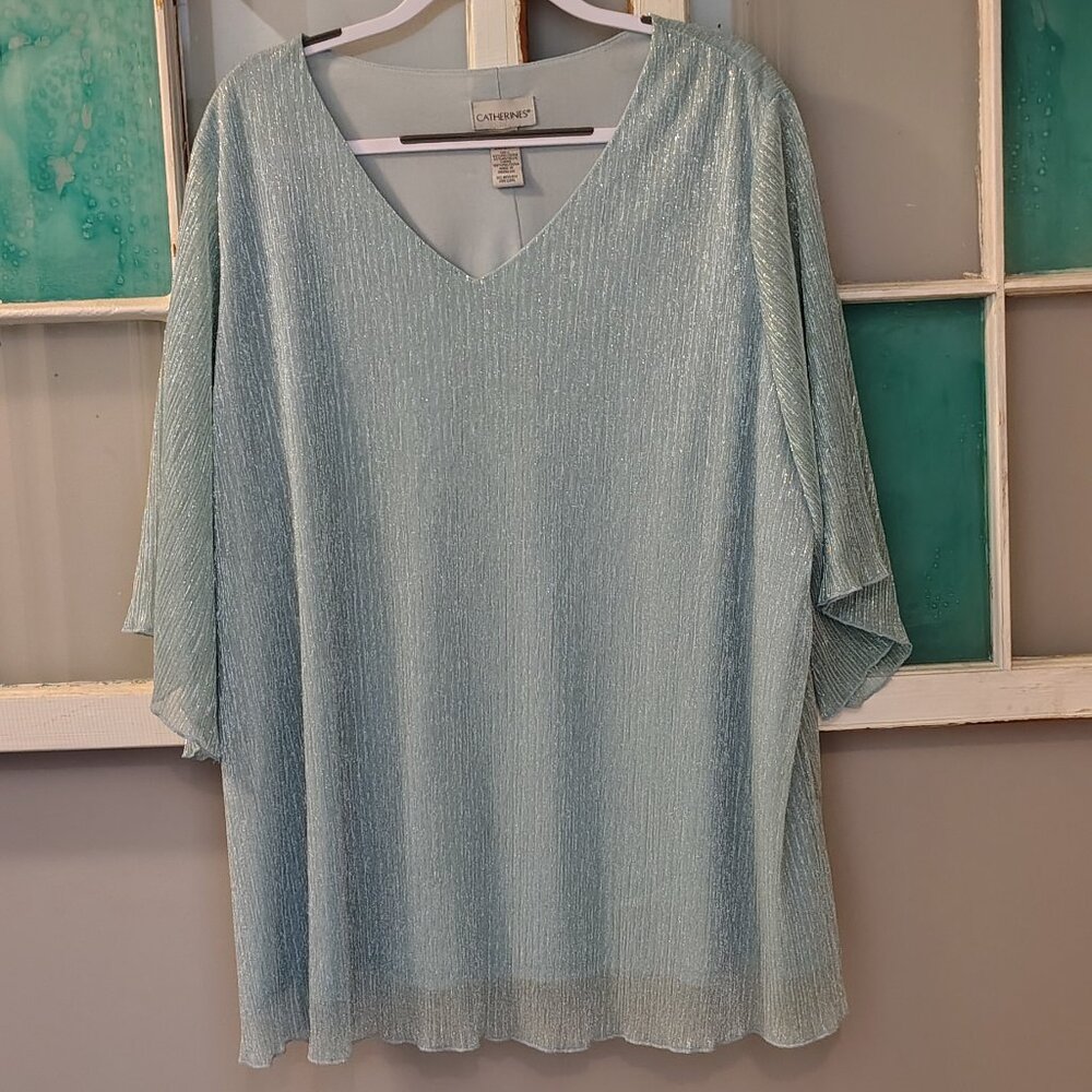 Catherines Womens  Blue Lined Tunic Shimmer Sparkle Party Top Lightweight